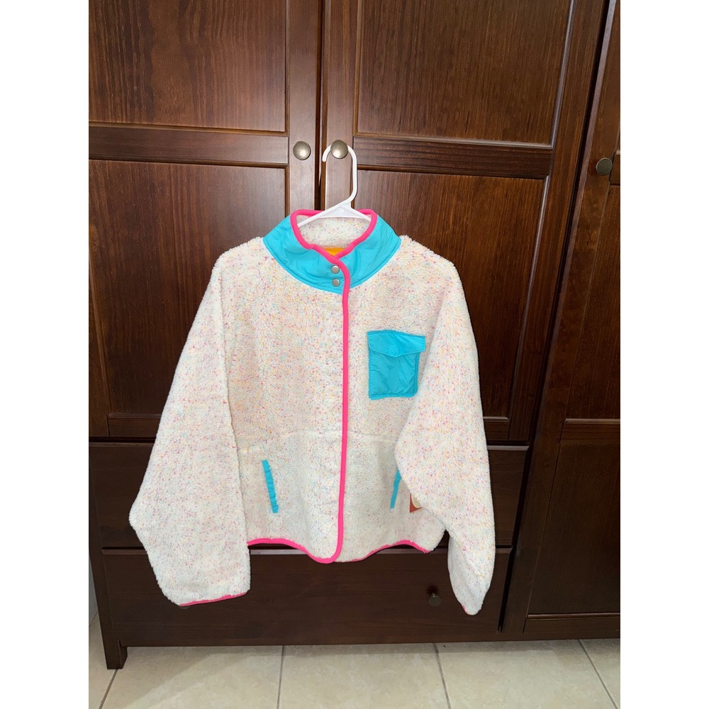 Ivory Ella Confetti Sherpa Fleece Jacket Cream Turquoise Pink XXL